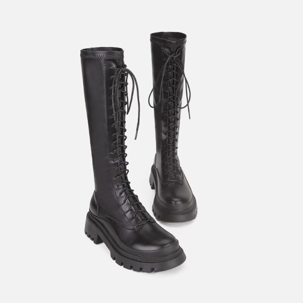 Vanessas Thigh High Boots PU Lace Up Flat Knee High Boot