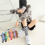 Vanessa's Hip Hop Cotton Socks for Women with Geometric and Checkerboard Design, Featuring Smiling Faces