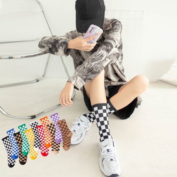 Vanessa's Hip Hop Cotton Socks for Women with Geometric and Checkerboard Design, Featuring Smiling Faces