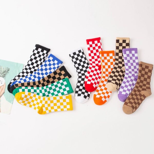 Vanessa's Hip Hop Cotton Socks for Women with Geometric and Checkerboard Design, Featuring Smiling Faces