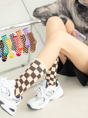 Vanessa's Hip Hop Cotton Socks for Women with Geometric and Checkerboard Design, Featuring Smiling Faces