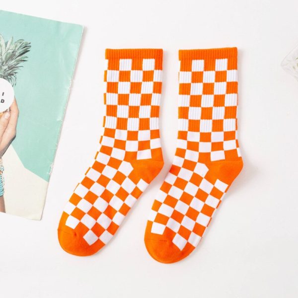 Vanessa's Hip Hop Cotton Socks for Women with Geometric and Checkerboard Design, Featuring Smiling Faces