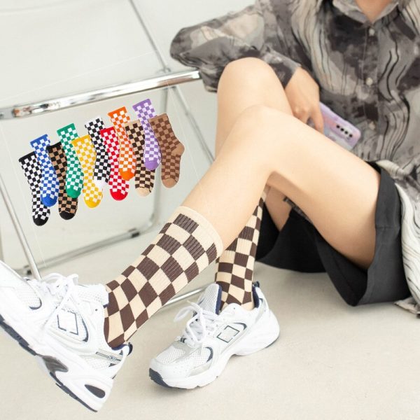 Vanessa's Hip Hop Cotton Socks for Women with Geometric and Checkerboard Design, Featuring Smiling Faces