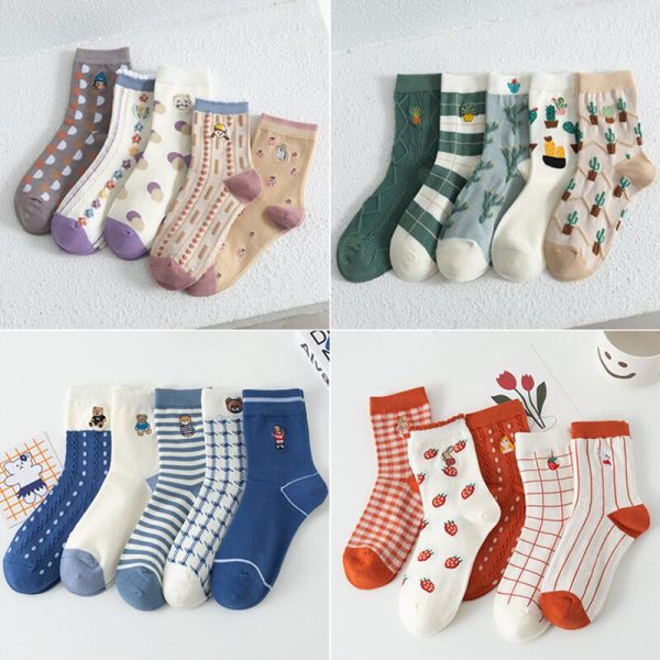 Vanessa's Creative Fruit Pattern Cotton Ladies Novelty Cartoon Socks 5 Pairs