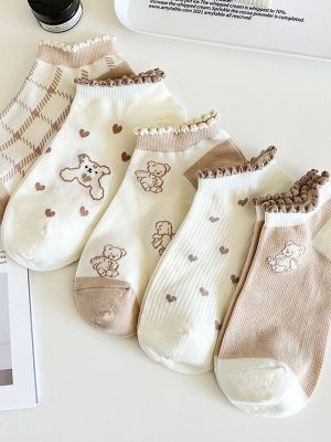 Vanessa's Lace Love Cartoon Bear Boat Socks Thin Polyester Cotton Socks 5 Pairs