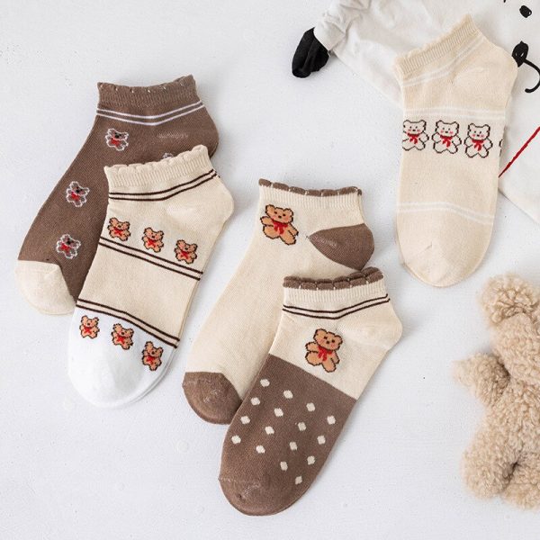 Vanessa's Lace Love Cartoon Bear Boat Socks Thin Polyester Cotton Socks 5 Pairs