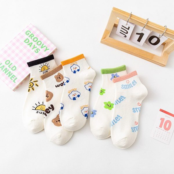 Vanessa's Lace Love Cartoon Bear Boat Socks Thin Polyester Cotton Socks 5 Pairs