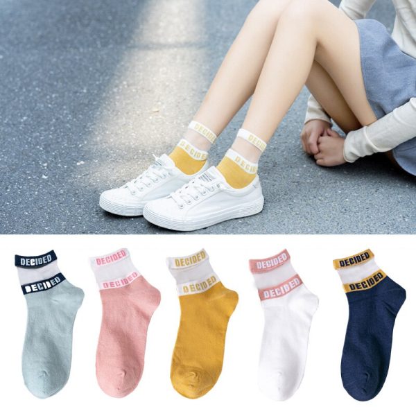 5 Pair Women's Colorful Cotton Ankle Socks Solid Cute Letter Splice Socks