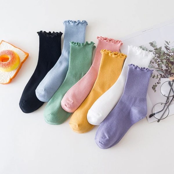 5 Pairs Women's Happy Ruffle Frilly Cotton Socks Cute Trendy Solid Color