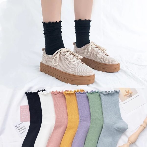 5 Pairs Women's Happy Ruffle Frilly Cotton Socks Cute Trendy Solid Color