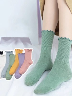 5 Pairs Women's Happy Ruffle Frilly Cotton Socks Cute Trendy Solid Color