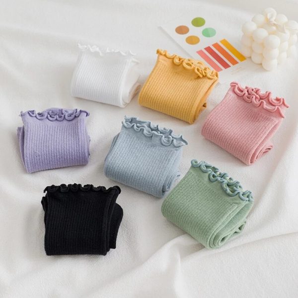 5 Pairs Women's Happy Ruffle Frilly Cotton Socks Cute Trendy Solid Color