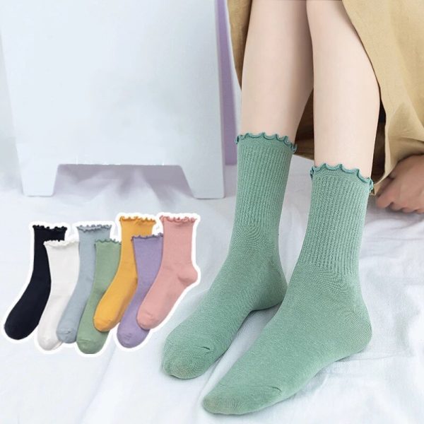 5 Pairs Women's Happy Ruffle Frilly Cotton Socks Cute Trendy Solid Color