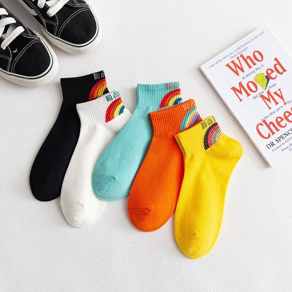 5 Pairs Women's Rainbow Striped Short Socks Funny Harajuku Cotton Socks