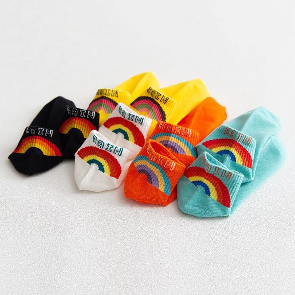 5 Pairs Women's Rainbow Striped Short Socks Funny Harajuku Cotton Socks