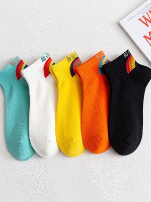 5 Pairs Women's Rainbow Striped Short Socks Funny Harajuku Cotton Socks