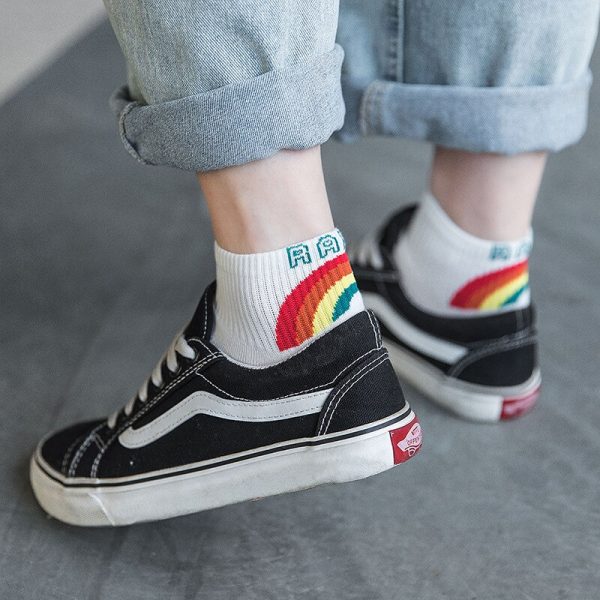 5 Pairs Women's Rainbow Striped Short Socks Funny Harajuku Cotton Socks