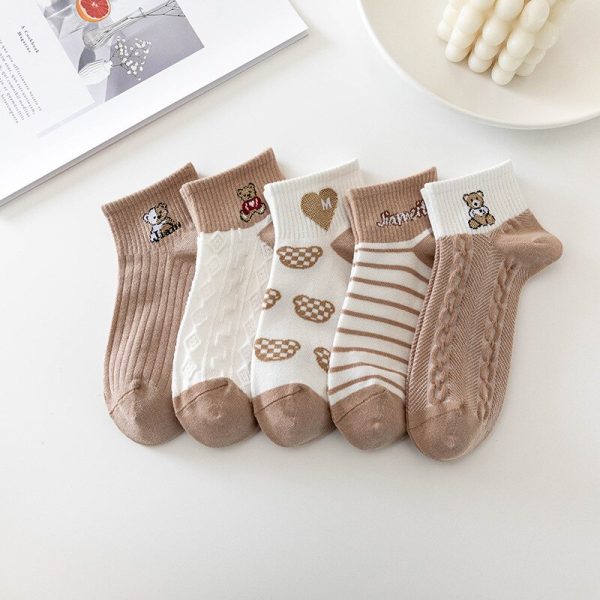 Vanessa's Love Cartoon Toy Bear Boat Socks Khaki Sweat-Absorbing Socks 5 Pairs