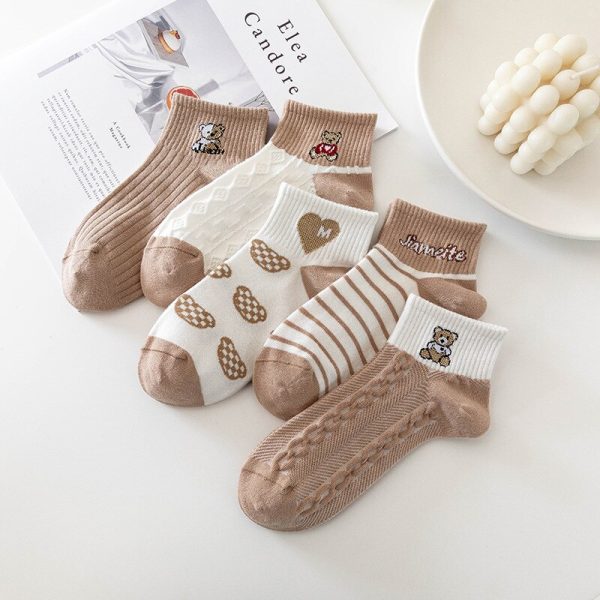 Vanessa's Love Cartoon Toy Bear Boat Socks Khaki Sweat-Absorbing Socks 5 Pairs