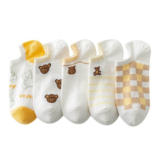 Vanessa's Love Cartoon Toy Bear Boat Socks Khaki Sweat-Absorbing Socks 5 Pairs