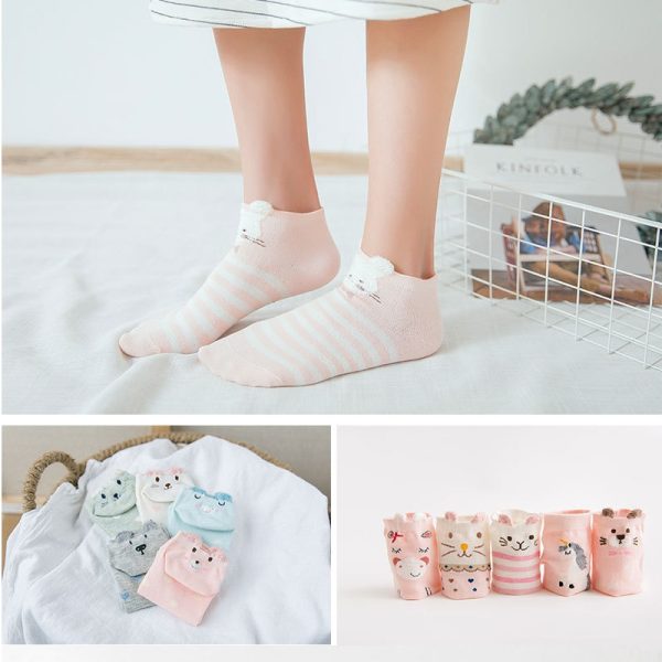 Ladies Cotton Socks Non-slip Pink Cute Three-Dimensional Cat Invisible socks - 5 Pairs Pack