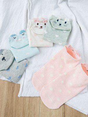 Ladies Cotton Socks Non-slip Pink Cute Three-Dimensional Cat Invisible socks - 5 Pairs Pack