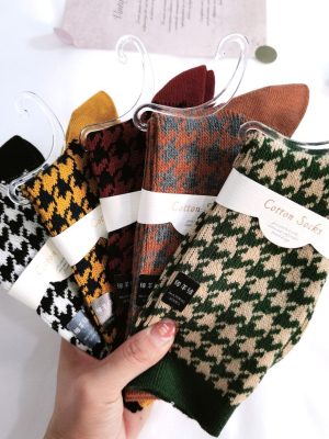 Vanessa's Houndstooth Cotton High Tube Socks for Women 5 Pairs- Winter Collection