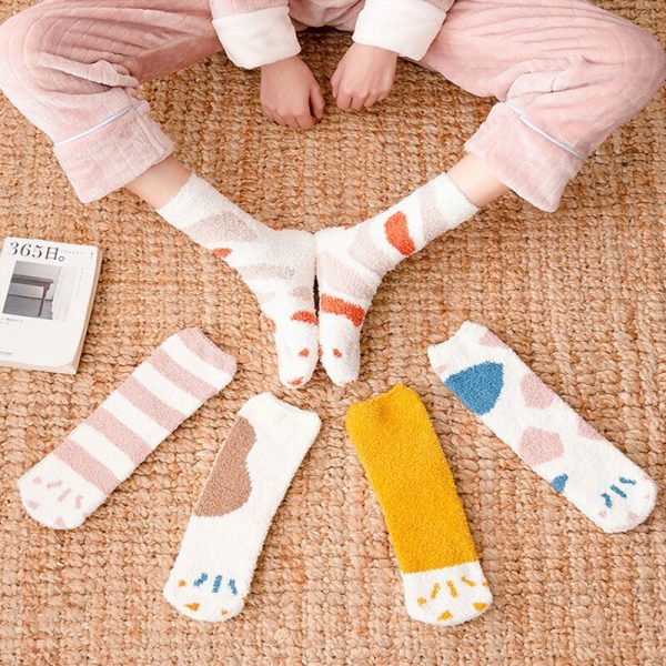 Autumn and Winter Plush Coral Fleece Cat Socks, Thick Warm Tube Socks for Women