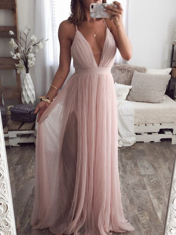 Strap striped mesh lace split women dress Sexy deep v neck backless maxi dress Autumn winter long party dress vestidos