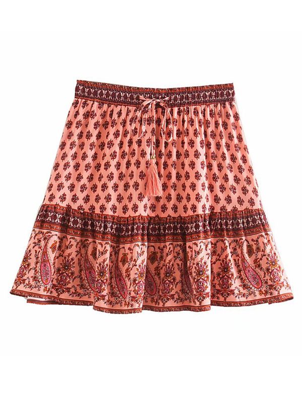 Hippie Floral Printed Mini Skirts Vintage Elastic Tassel Faldas Summer 2022 Beach Boho Casual Clothes Short Women Skirts