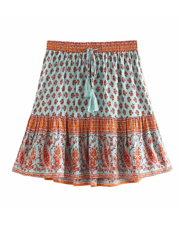 Hippie Floral Printed Mini Skirts Vintage Elastic Tassel Faldas Summer 2022 Beach Boho Casual Clothes Short Women Skirts