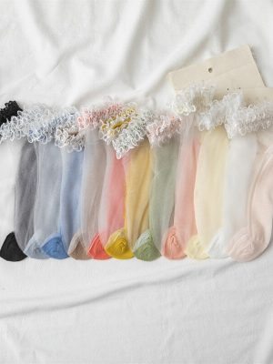 Women Lace Ruffle Ankle  Silk Cotton Elastic Mesh Knit Socks