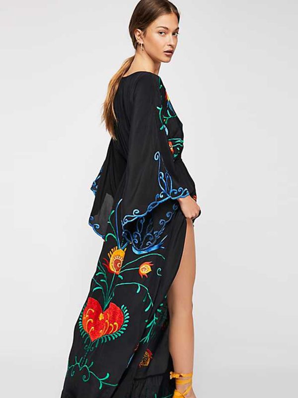 Spring Autumn Women Loose Casual Kimono Floral embroidered Maxi Dress Boho Ruffle Hem Beach Dresses