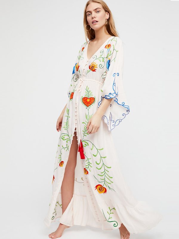 Spring Autumn Women Loose Casual Kimono Floral embroidered Maxi Dress Boho Ruffle Hem Beach Dresses