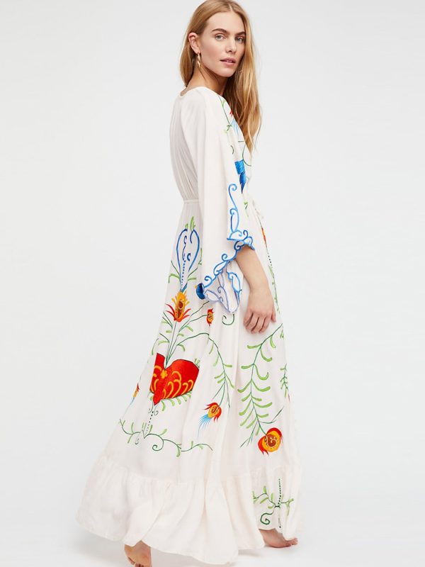 Spring Autumn Women Loose Casual Kimono Floral embroidered Maxi Dress Boho Ruffle Hem Beach Dresses