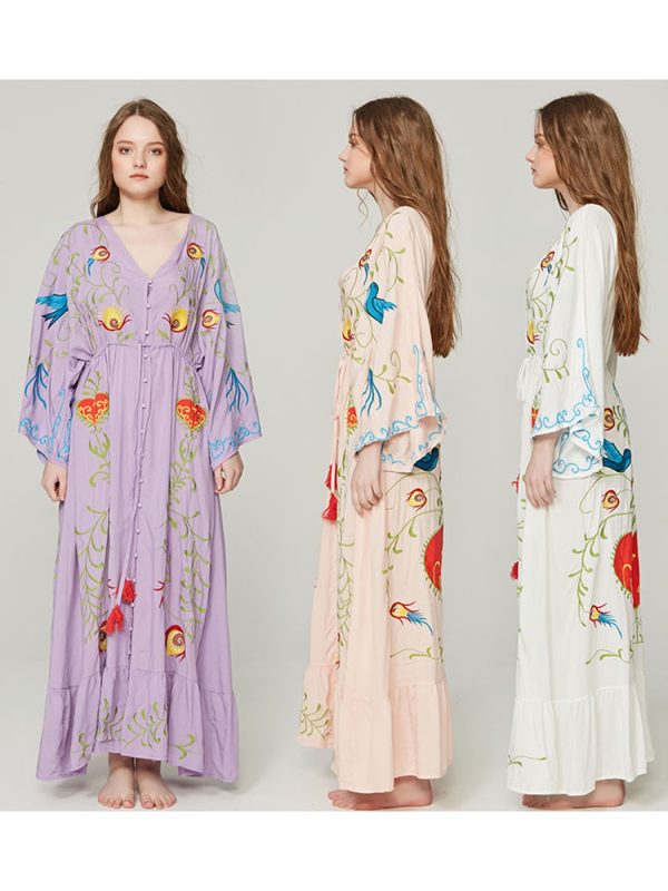 Spring Autumn Women Loose Casual Kimono Floral embroidered Maxi Dress Boho Ruffle Hem Beach Dresses