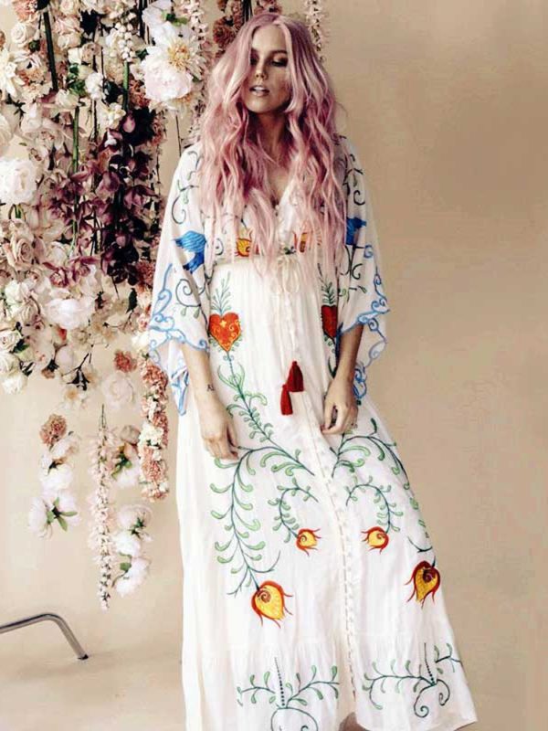 Spring Autumn Women Loose Casual Kimono Floral embroidered Maxi Dress Boho Ruffle Hem Beach Dresses