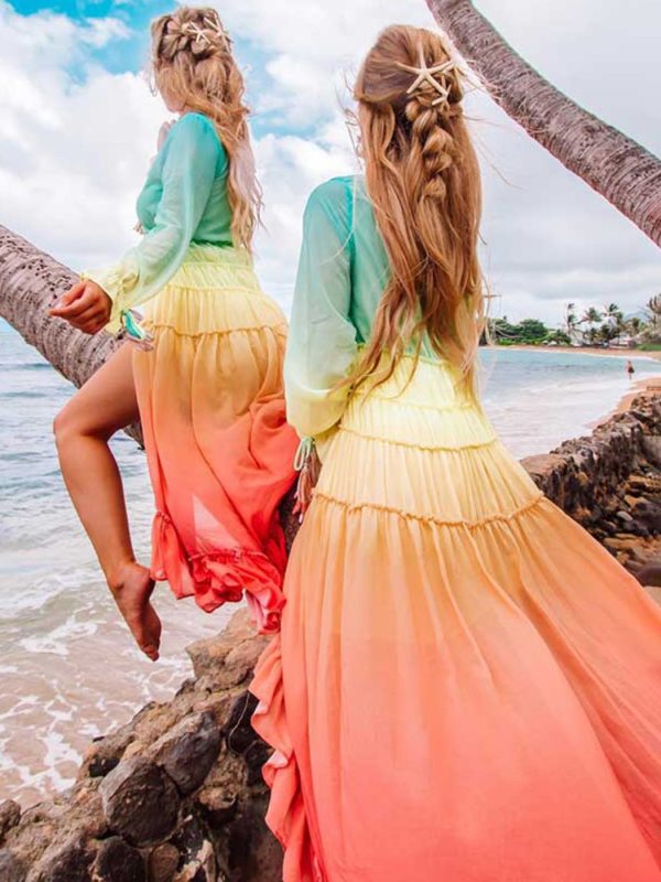 Chic Rainbow High Low Dress Women V-Neck Tiered Ruffle Trim Summer Dresses Casual Beach Boho Dress Chiffon Long Vestidos