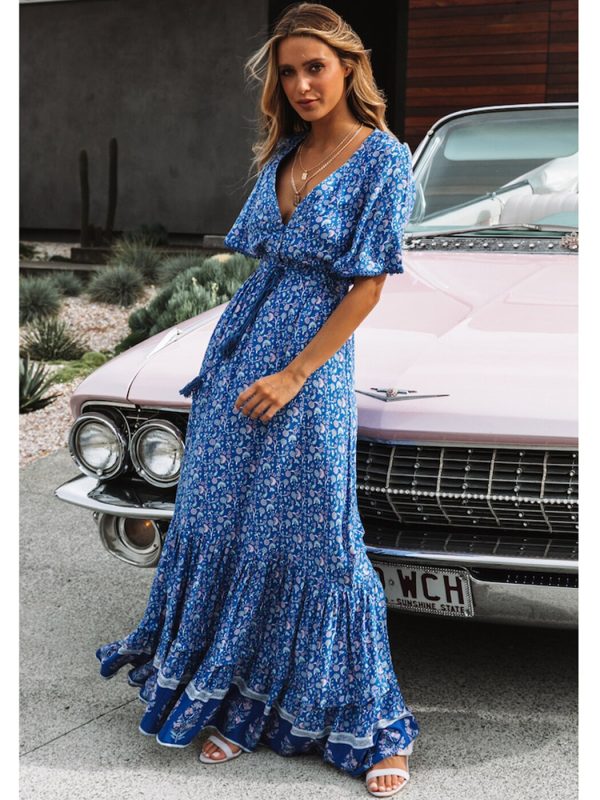 Vintage Print Maxi Dress Waist tie Ruffle Hem Boho Dresses Women Beach Long Dresses V-Neck Short Sleeve Summer Dress 2022