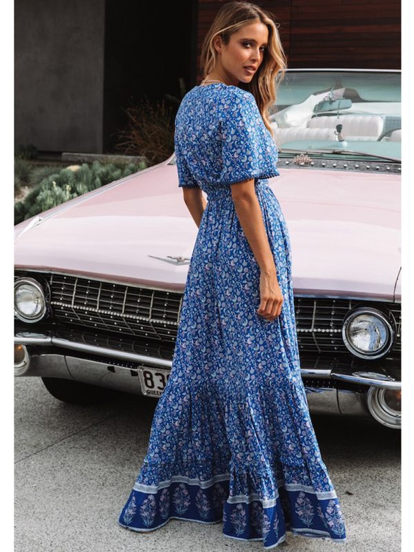 Vintage Print Maxi Dress Waist tie Ruffle Hem Boho Dresses Women Beach Long Dresses V-Neck Short Sleeve Summer Dress 2022