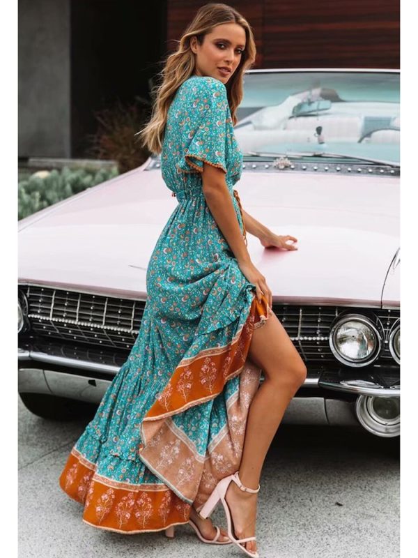 Vintage Print Maxi Dress Waist tie Ruffle Hem Boho Dresses Women Beach Long Dresses V-Neck Short Sleeve Summer Dress 2022