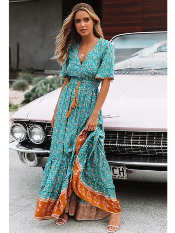 Vintage Print Maxi Dress Waist tie Ruffle Hem Boho Dresses Women Beach Long Dresses V-Neck Short Sleeve Summer Dress 2022