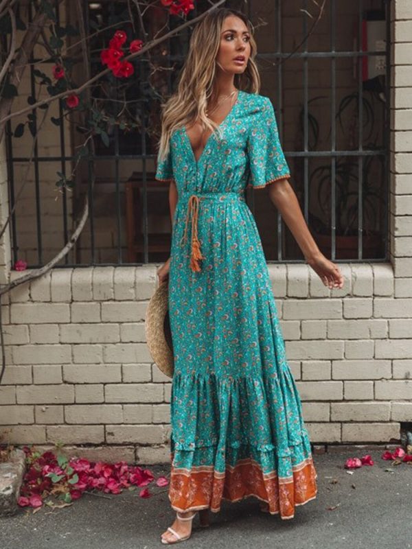 Vintage Print Maxi Dress Waist tie Ruffle Hem Boho Dresses Women Beach Long Dresses V-Neck Short Sleeve Summer Dress 2022