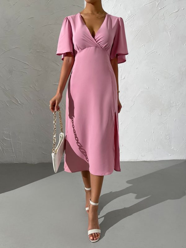 Women Clothing Solid Color Ruffle Sleeve V neck Irregular Asymmetric Sexy Sheath Split Midi Dress Women