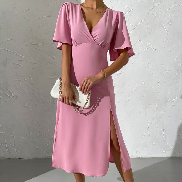 Women Clothing Solid Color Ruffle Sleeve V neck Irregular Asymmetric Sexy Sheath Split Midi Dress Women