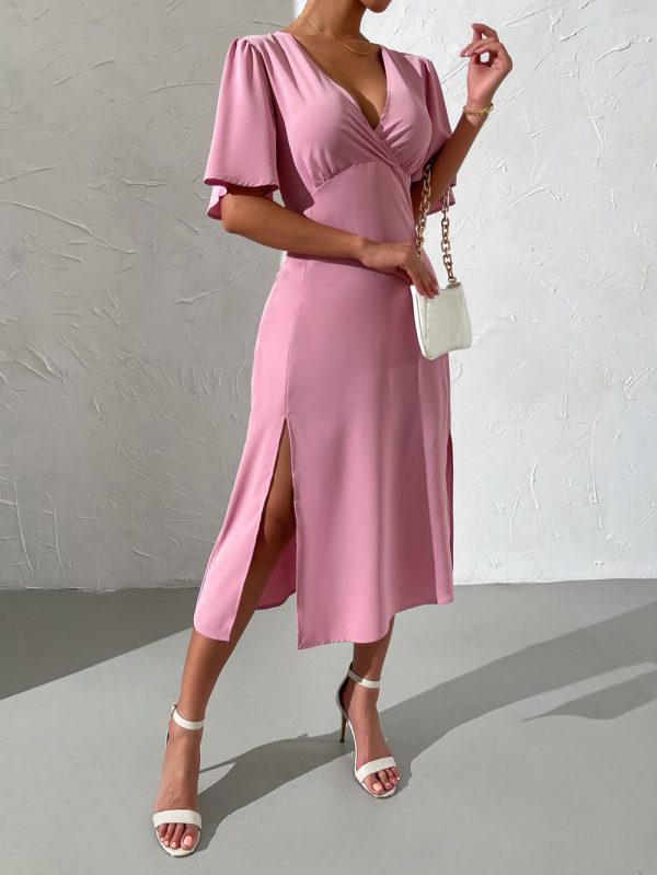 Women Clothing Solid Color Ruffle Sleeve V neck Irregular Asymmetric Sexy Sheath Split Midi Dress Women