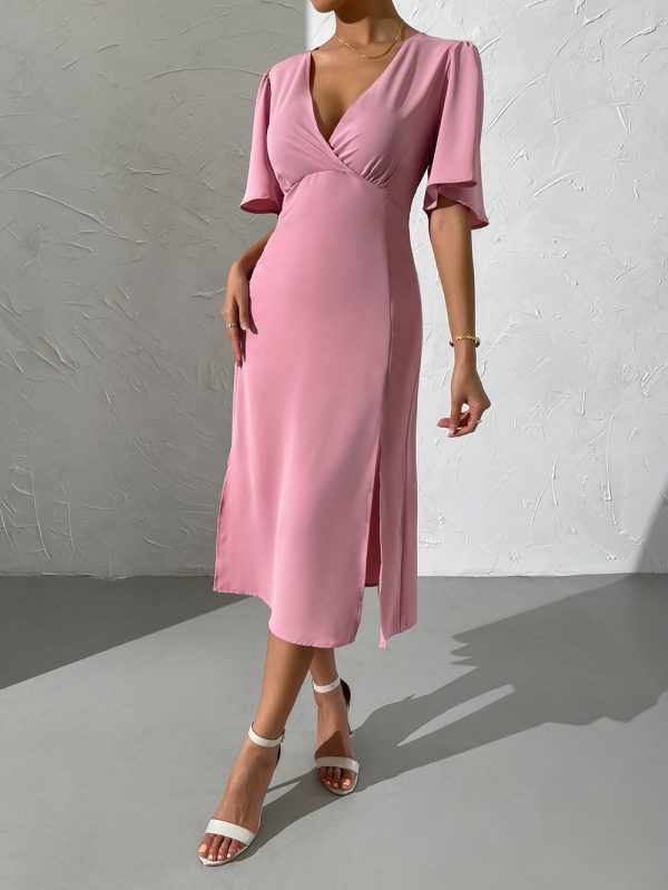 Women Clothing Solid Color Ruffle Sleeve V neck Irregular Asymmetric Sexy Sheath Split Midi Dress Women