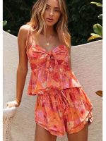 Retro Floral Print Two Piece Set Summer Sexy Cami Tops Elastic High Waist Short Pants Boho Casual Women Two Piece Outfits