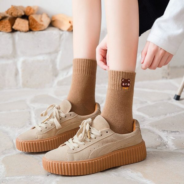 Cute Cartoon Bear Terry Socks for Women, Thick Warm Brown Tube Socks