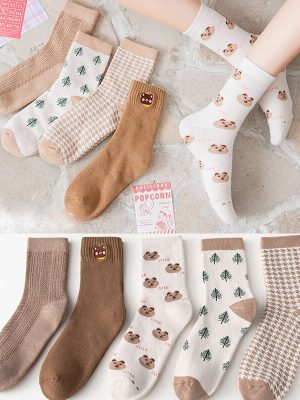 Cute Cartoon Bear Terry Socks for Women, Thick Warm Brown Tube Socks